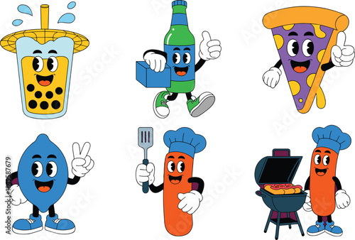 Retro cartoon food and drink characters set featuring boba tea pizza slice beer bottle and hot dog chef mascot collection in vintage rubber hose style for restaurant branding and menu design