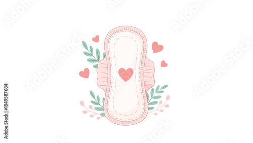 A gentle and supportive illustration representing menstrual hygiene, showing a pink sanitary pad adorned with hearts and delicate green and pink foliage.