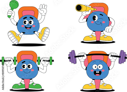 Retro cartoon kettlebell mascot characters set workout and fitness exercise routine for gym health club branding vibrant rubber hose style illustration for sports marketing and wellness design