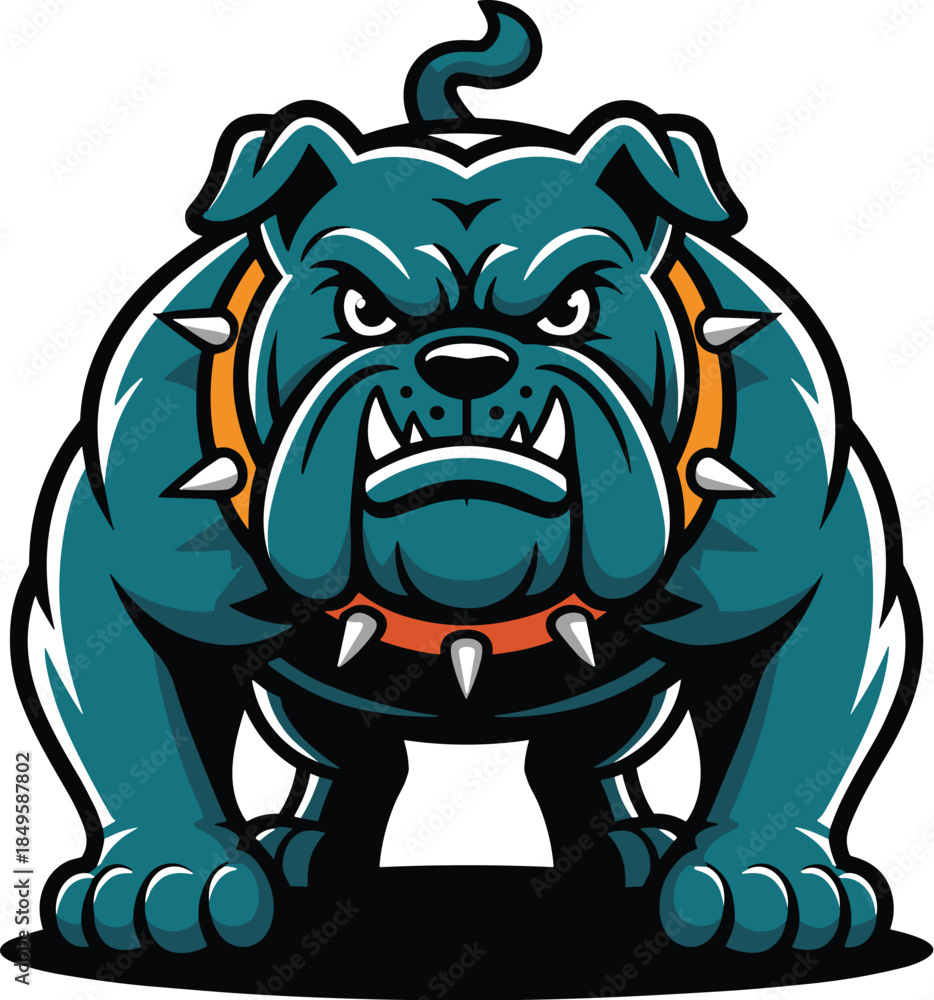 Fototapeta premium Angry bulldog mascot logo illustration with spiked collar aggressive dog character for sports team branding gym fitness club identity powerful animal vector graphic isolated on white background