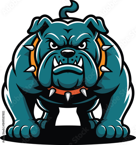 Angry bulldog mascot logo illustration with spiked collar aggressive dog character for sports team branding gym fitness club identity powerful animal vector graphic isolated on white background