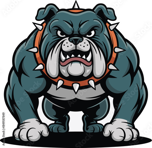 Angry bulldog mascot illustration with spiked collar and muscular body for sports team logo design and gym branding fierce canine predator vector character for gaming and competitive esports
