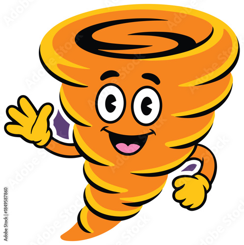 Cute cartoon tornado character waving on purple background orange twister mascot with friendly face for meteorological education kids weather branding and playful vector climate change concepts