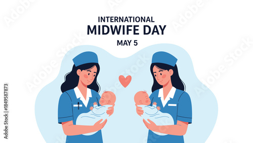 A heartwarming vector illustration celebrating International Midwife Day on May 5, showing two caring midwives in uniform, each holding a newborn baby.