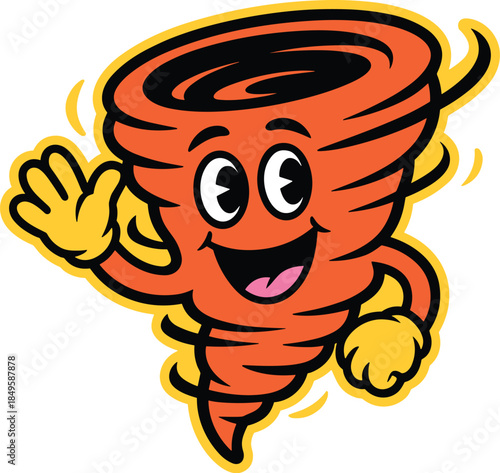 Cute tornado mascot character waving friendly orange cyclone whirlwind cartoon illustration for school sports team logo branding weather education kids marketing and energetic weather concept