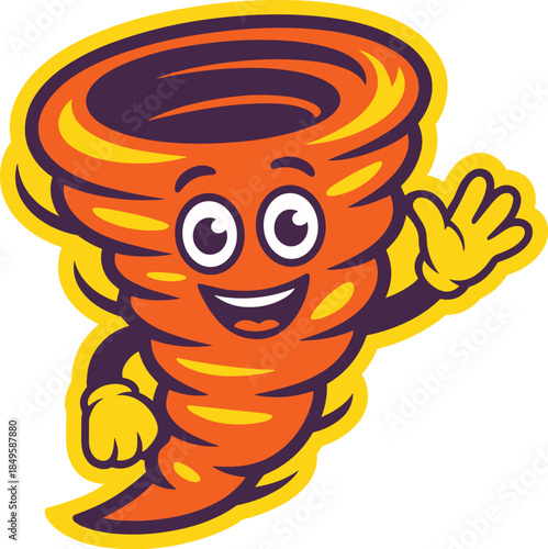 Cute tornado mascot character waving friendly orange cyclone whirlwind illustration professional sports team logo mascot design for youth athletics weather education climate branding identity