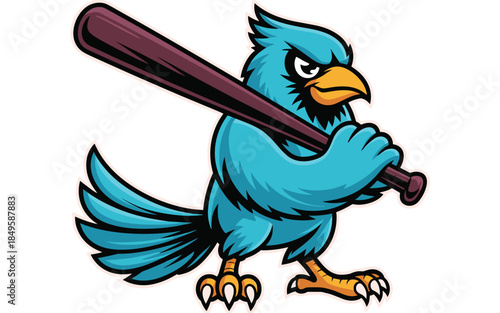 Blue cardinal bird mascot holding baseball bat aggressive sports logo character design for school team identity and athletic club branding energetic avian predator illustration on white background