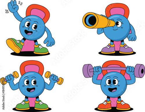 Retro cartoon kettlebell character set doing fitness exercises and weightlifting for gym marketing with cute mascot lifting dumbbells and barbell in vintage rubber hose style on pink background