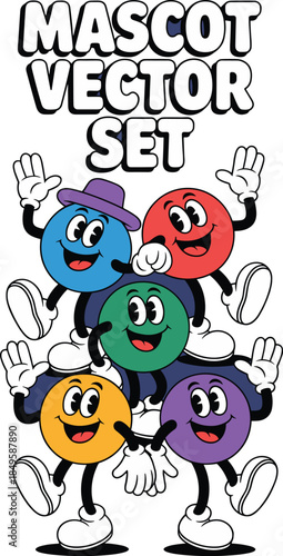 Retro cartoon mascot vector set with cheerful round ball characters waving hands in vintage rubber hose style for nostalgic brand identity creative marketing and playful social media graphics
