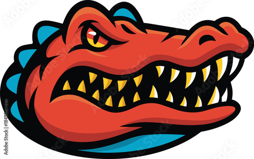 Angry red crocodile mascot head for sports team logo design featuring aggressive alligator character with sharp teeth for gaming esports branding and varsity school identity on blue background