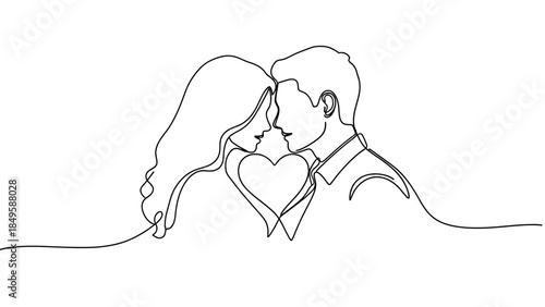 Elegant Minimalist Line Art Illustration Depicting Romantic Couple with Heart