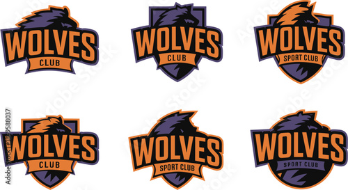 Wolf mascot sport logo set for professional esports gaming team and athletic club identity featuring fierce animal heads on shield badges for competitive gaming branding and merchandise design