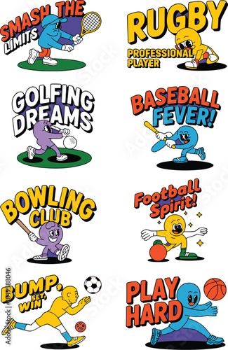 Vintage cartoon sports character stickers collection featuring retro rubber hose style athletes playing football soccer basketball golf baseball and rugby for athletic apparel and youth design