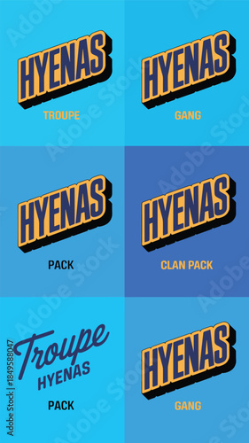 Hyenas collective noun logo collection for sports team mascot branding featuring troupe gang pack and clan typography design set on blue background for community gaming and athletic club identity