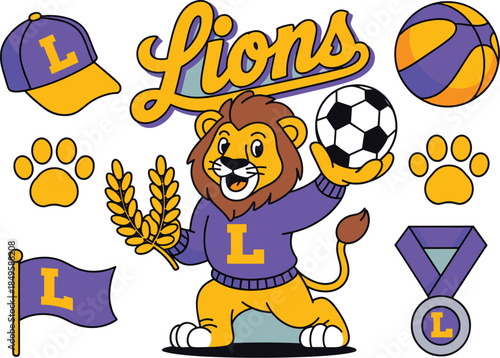 Cute lion mascot sports sticker set with basketball soccer ball and champion medal for school varsity athletics and team spirit branding creative animal character illustration for youth sports