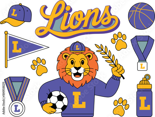 Lion mascot sports character collection with soccer ball basketball medals and pennant for school team branding college varsity athletics identity graphic set for tournaments and youth league