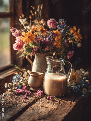 Rustic Morning: A Pitcher of Milk and Fresh Flowers on a Wooden Table by the Window Sill