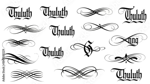 Elegant black gothic calligraphy with various stylized flourishes and letterforms in a collection