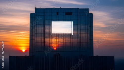 Modern Building with Billboard at Sunset.