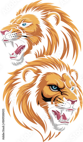 Angry lion mascot heads with roaring fangs and golden mane vector illustration for sports team logo branding gaming apparel design and fierce competitive spirit concept isolated on black background