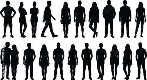 Silhouette group of men and women standing, walking, posing in casual outfits, human figure collection, diverse people posture vector illustration set