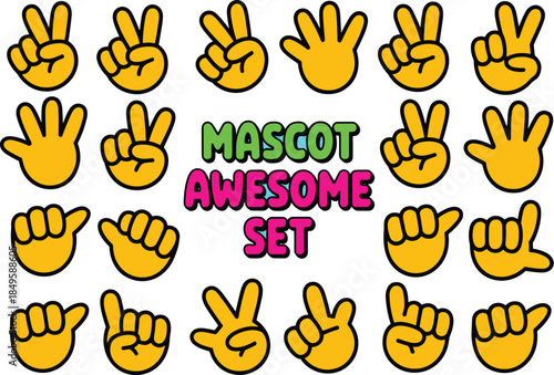 Cartoon mascot hand gestures set with yellow gloved fingers showing peace sign and victory symbols for social media marketing and creative branding design projects in vibrant pop art vector style