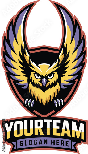 Fierce owl mascot logo with spreading wings on shield for competitive gaming esports team branding and sports club identity professional vector graphic for tournament apparel and merchandise
