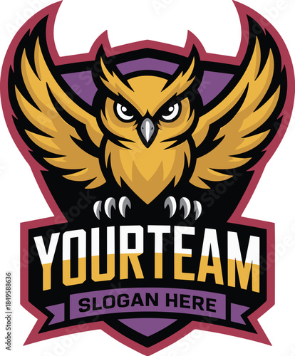 Owl mascot logo design for esports professional gaming team branding on green background fierce bird of prey with wings spread for sports club identity and university athletic department emblem
