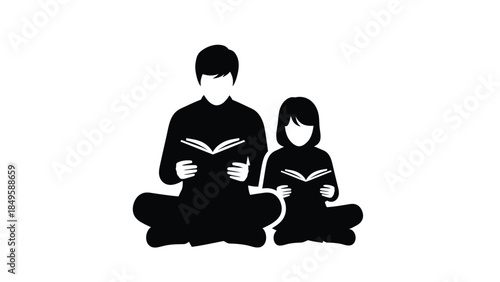 Black and white silhouette icon depicting a father and daughter sitting cross legged while engrossed in reading open books together