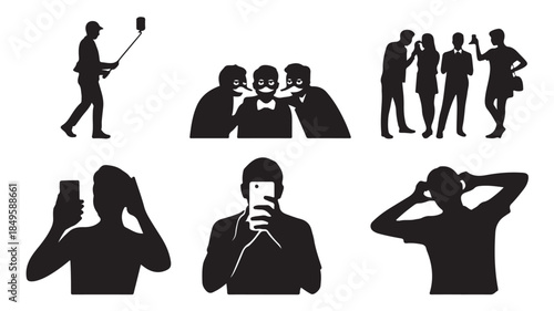 Silhouettes of people taking selfies and using smartphones in modern minimalist style with dramatic lighting on white background for social media