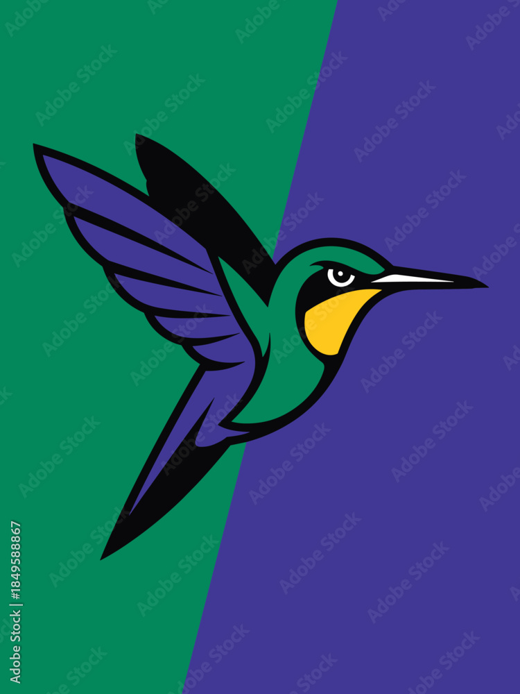 Fototapeta premium Hummingbird logo flying bird vector illustration with vibrant green and purple wings on split background for sports mascot identity branding nature wildlife emblem conservation design project