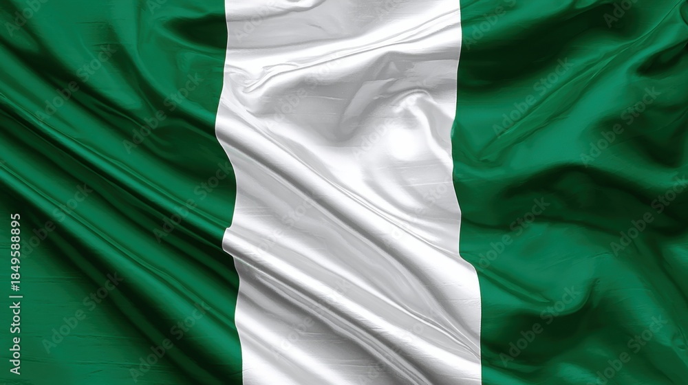 Obraz premium Waving flag of Nigeria displayed in folds with green and white colors during daylight hours showcasing national pride