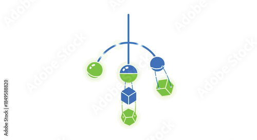 Abstract illustration of a mobile with spheres and cubes in blue and green.