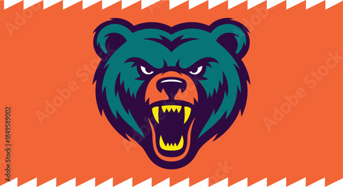 Angry bear mascot logo with ferocious growling grizzly head for sports team branding energetic animal character illustration for esports gaming identity apparel design and competitive club emblem