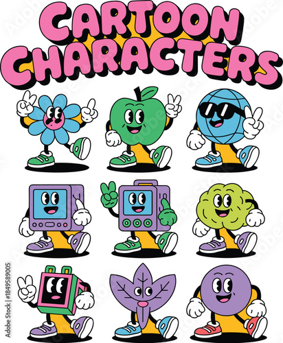 Retro cartoon characters set with vintage rubber hose style mascots including apple flower globe and brain for groovy 1930s aesthetic branding creative graphic design and fun sticker collection