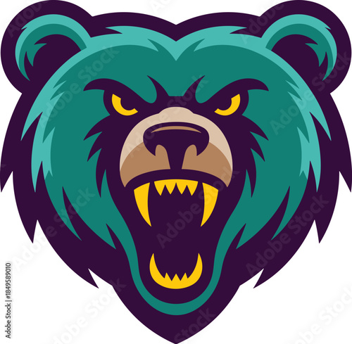 Angry grizzly bear mascot logo head with roaring fangs on orange background professional sports team branding fierce predator animal illustration for gaming esports and varsity apparel design