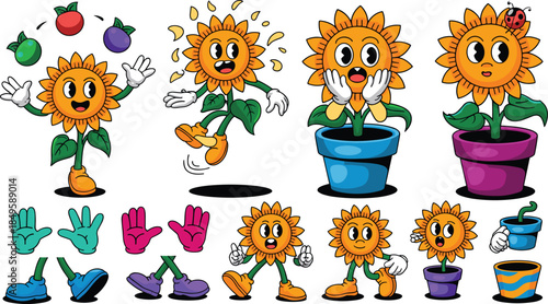 Retro cartoon sunflower character set with expressive flower mascots juggling fruits jumping and posing in colorful pots for nursery decor organic gardening brand mascot and kids education design