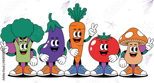 Cute vegetable cartoon characters broccoli eggplant carrot tomato and mushroom mascot group with happy faces for healthy diet nutrition education and vegan food marketing graphic design project