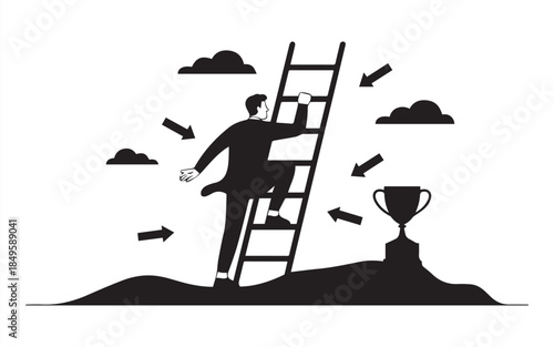 Achieve your goals with this dynamic illustration of a businessman climbing the ladder to success and claiming his trophy, perfect for motivation
