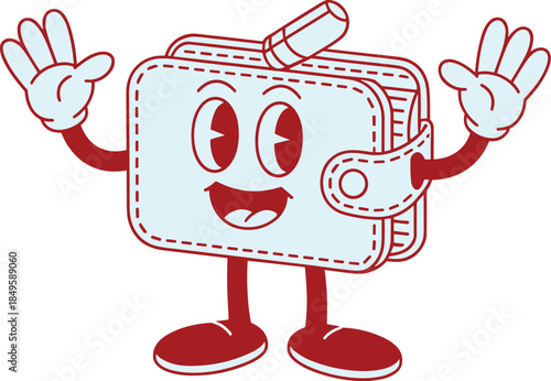 Retro cartoon wallet character with happy face waving hands for finance savings and personal banking concept line art illustration for business marketing financial success and wealth management
