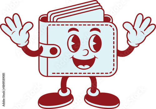 Retro cartoon wallet character with happy face and money waving hands for personal finance education and business banking marketing illustration vintage rubber hose style mascot for web design use