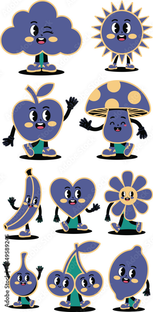 Fototapeta premium Retro cartoon character stickers collection featuring cute vintage mascot illustrations of fruits sun cloud and mushroom in 1930s rubber hose animation style for creative graphic design projects