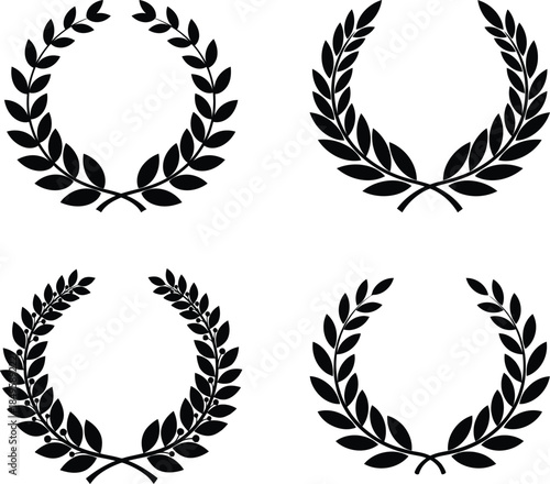A collection of four black laurel and olive branch wreath icons, symbolizing victory, achievement, and honor on white.