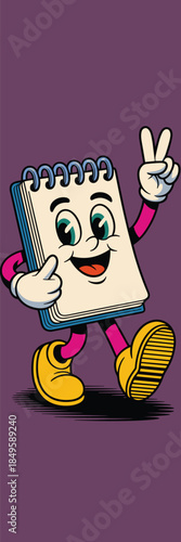 Retro cartoon notepad character walking and showing peace sign in vintage rubber hose animation style for creative school supply marketing educational branding and nostalgic office stationery art