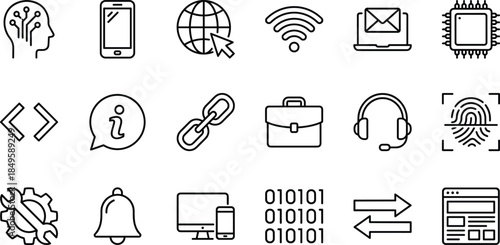 Technology and digital communication icon set featuring AI, coding, cybersecurity, mobile devices, internet connectivity, software tools, biometric access, online information symbols