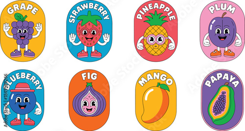 Retro cartoon fruit characters collection with cute grape strawberry pineapple plum blueberry fig mango and papaya mascots in trendy vintage aesthetic for organic food branding and fun stickers