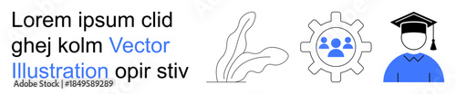 Education, teamwork, professional growth, learning process, career goals, sustainability. A graduate cap icon near a gear with group graphic and leaf design. Education and teamwork