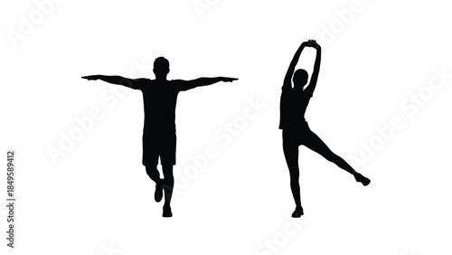 Silhouettes of a man balancing with arms outstretched and a woman stretching upward with one leg raised in fitness