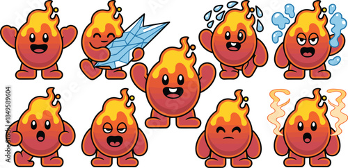 Cute fire monster character set with various emotions and expressions for game design app development and mascot branding vibrant cartoon flame spirit stickers for education and digital marketing
