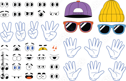 Cartoon character creation kit with vintage comic eyes gloved hands and trendy accessories like sunglasses and hats for retro mascot design and creative brand identity development projects